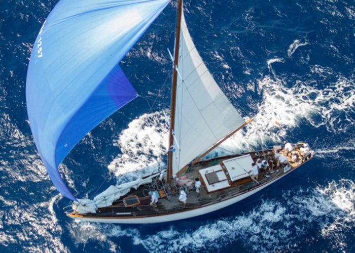 Classic sailing yacht Yanira flying spinnaker